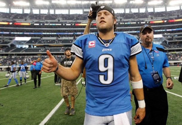 ARLINGTON, TX - OCTOBER 02:   Matthew Stafford #9 of the Detroit Lions gives a thumbs-up as he walks off the field after the Lions beat the Dallas Cowboys 34-30 at Cowboys Stadium on October 2, 2011 in Arlington, Texas.  (Photo by Tom Pennington/Getty Images)