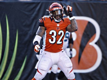 November 02 2014: Cincinnati Bengals running back Jeremy Hill celebrates his 60-yard touchdown run during the Bengals 33-23 win over the Jacksonville Jaguars at Paul Brown Stadium in Cincinnati, Ohio.