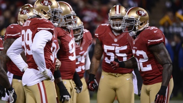 Jan 12, 2013; San Francisco, CA, USA; San Francisco 49ers inside linebacker Patrick Willis (52) leads a huddle against the Green Bay Packers during the second quarter of the NFC divisional round playoff game at Candlestick Park. Mandatory Credit: Robert Hanashiro-USA TODAY Sports