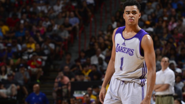 LAS VEGAS, NV - JULY 10: D'Angelo Russell #1 of the Los Angeles Lakers during NBA Summer League against the Minnesota Timberwolves on July 10, 2012 at Cox Pavilion in Las Vegas, Nevada. NOTE TO USER: User expressly acknowledges and agrees that, by downloading and/or using this Photograph, user is consenting to the terms and conditions of the Getty Images License Agreement. Mandatory Copyright Notice: Copyright 2015 NBAE (Photo by David Dow/NBAE via Getty Images)